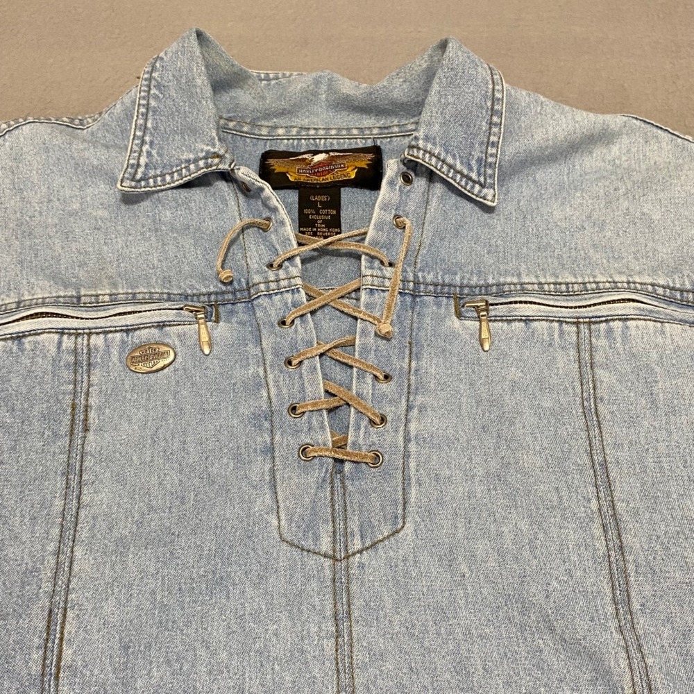 Harley Davidson Womens Denim Lace Up Shirt Jacket Size L Light Wash - Picture 6 of 8